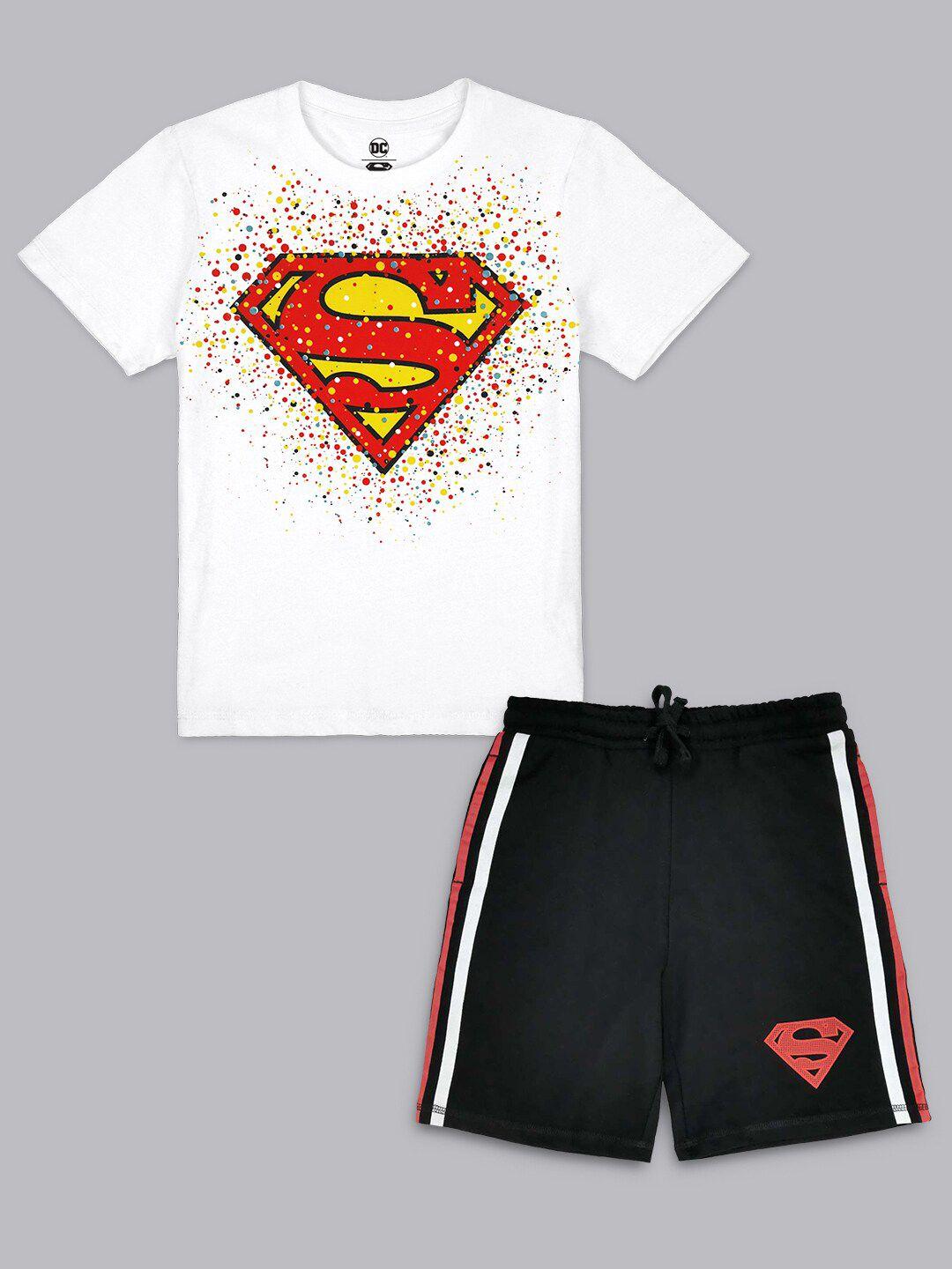 kids ville boys white & black superman printed t- shirt with shorts