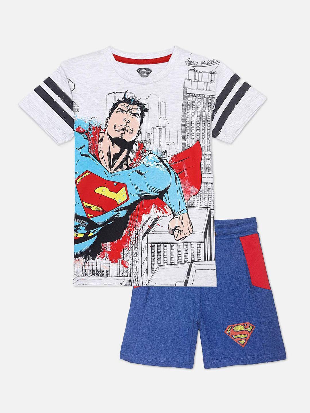 kids ville boys white & blue superman printed t-shirt with shorts