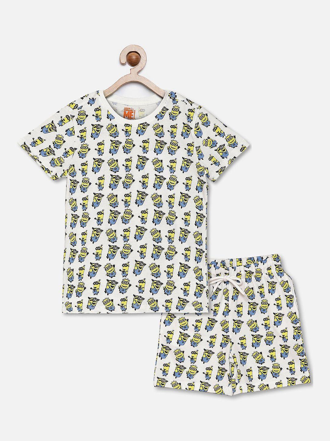 kids ville boys white & yellow minions printed pure cotton t-shirt with shorts