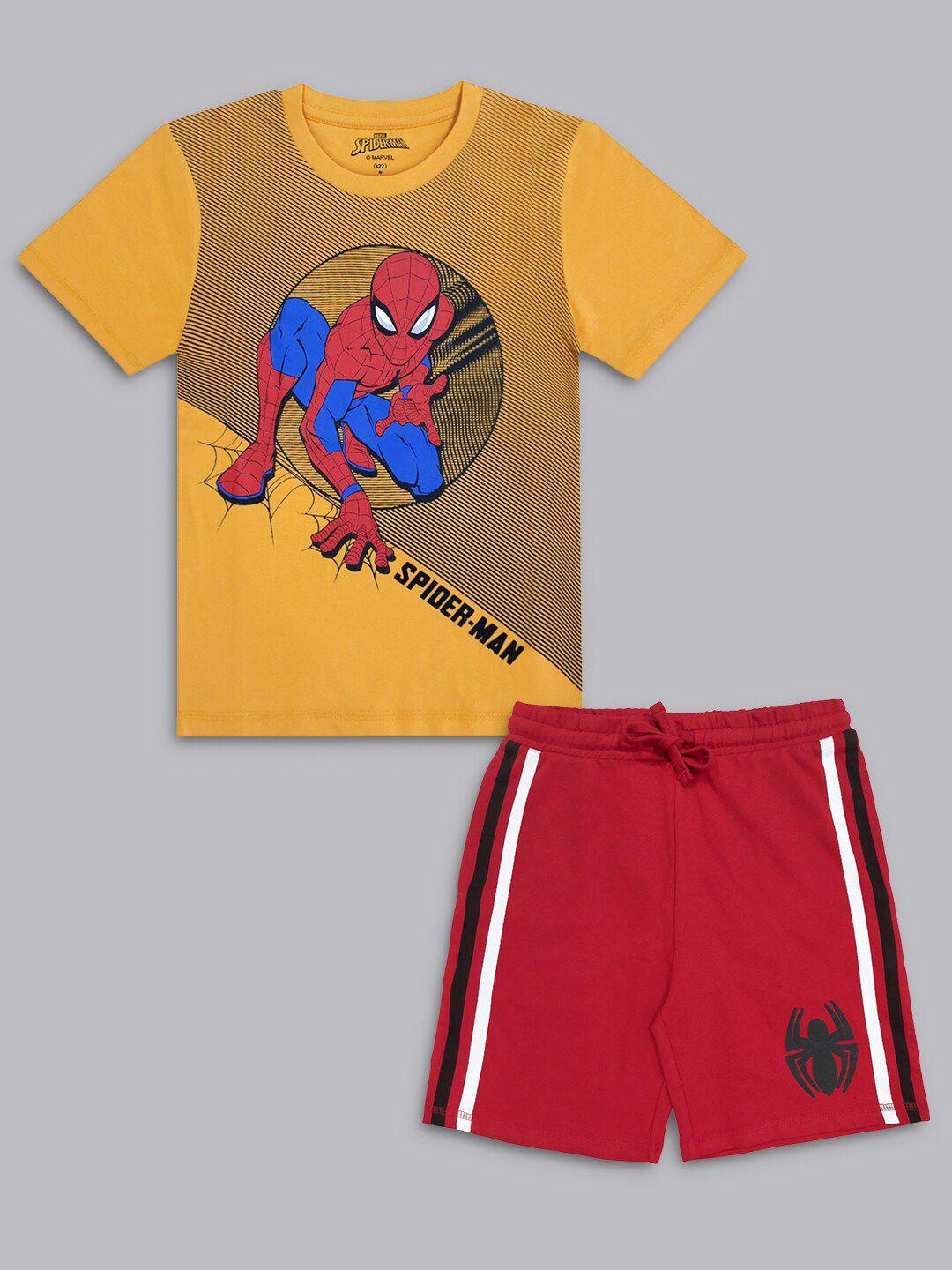 kids ville boys yellow & red spiderman printed t- shirt with shorts