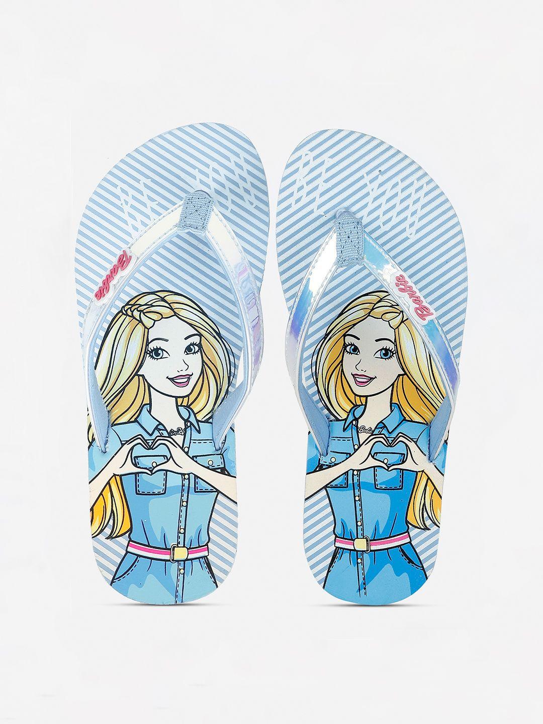kids ville girls blue & white barbie printed thong flip-flops