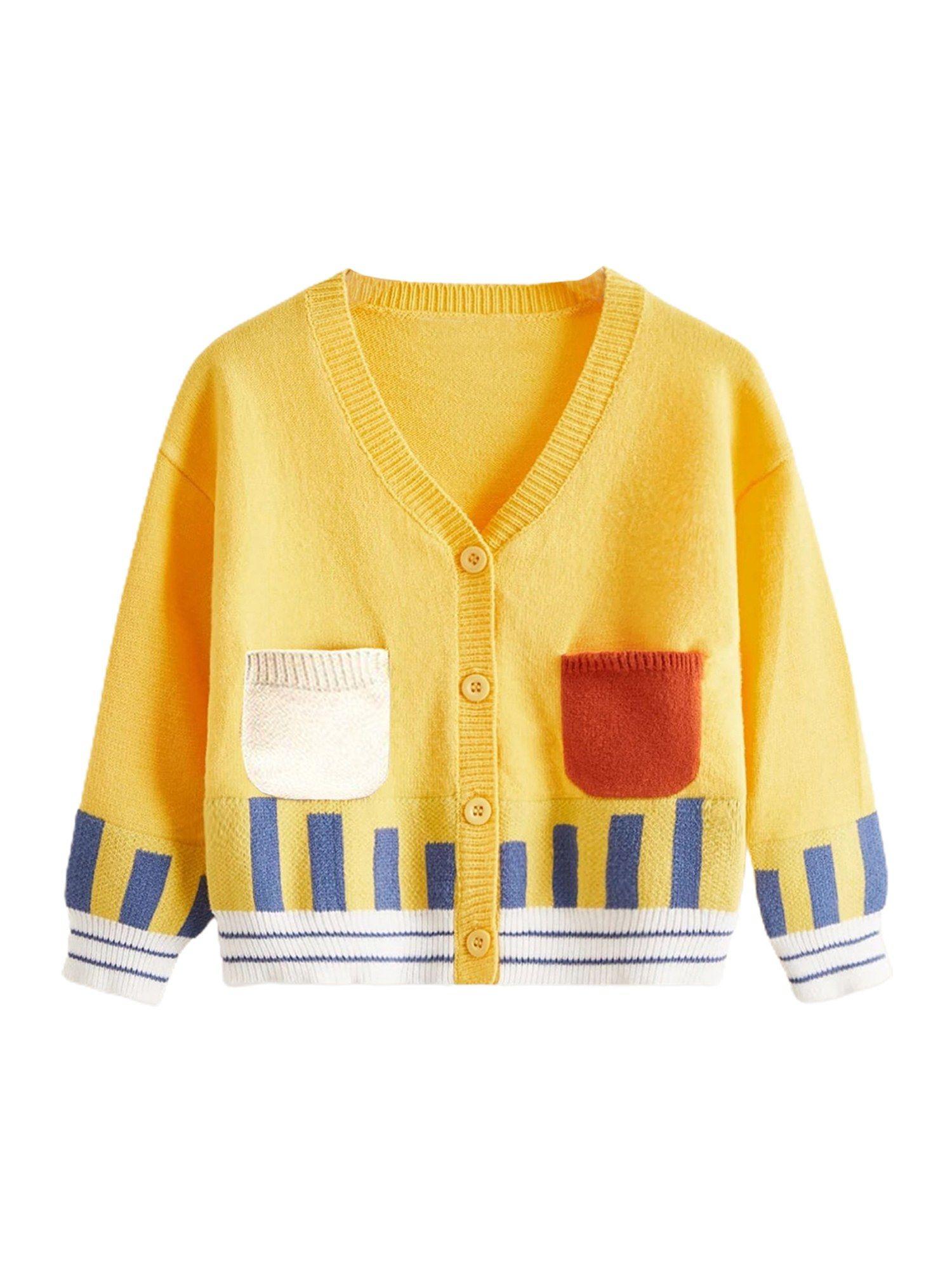 kids yellow cardigan sweater v neck with front pockets
