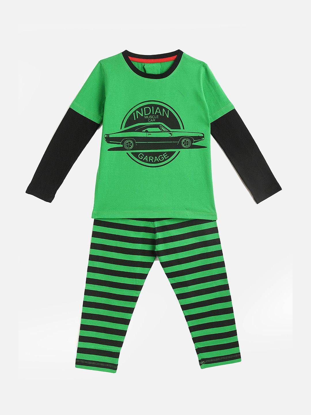 kidscraft boys green & black printed night suit