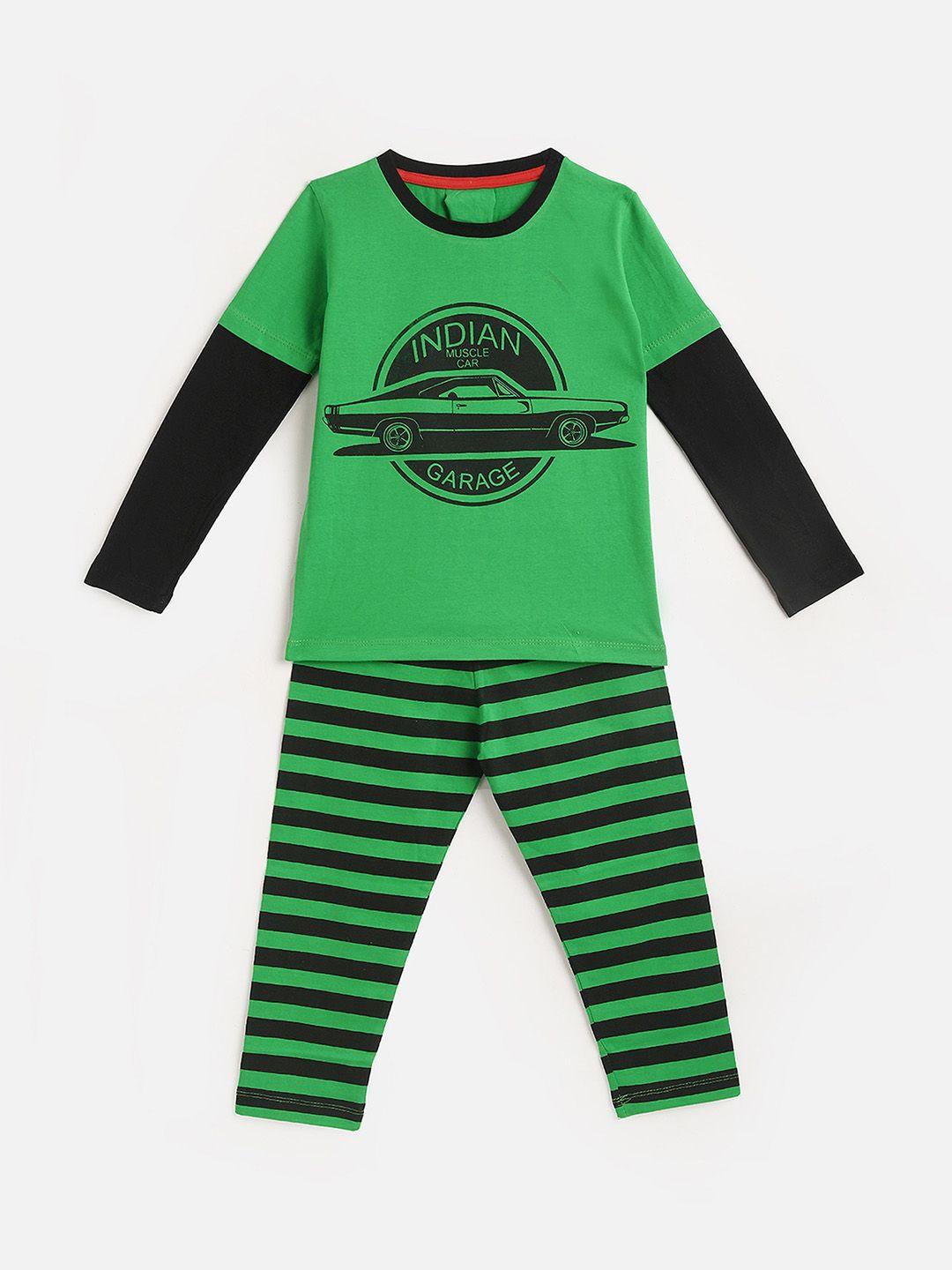 kidscraft boys green & black printed night suit