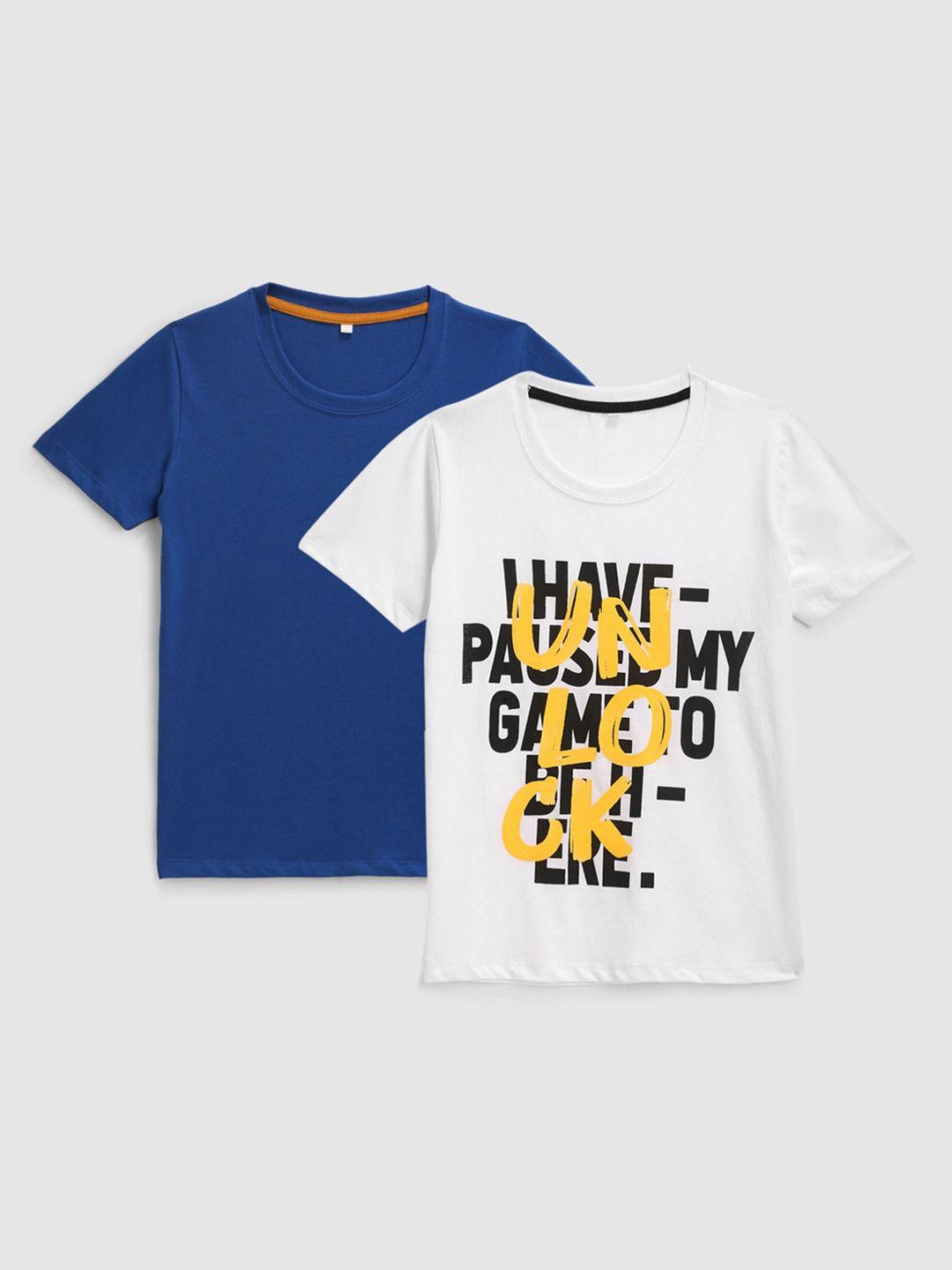 kidscraft boys set of 2 white & blue typography printed cotton t-shirt