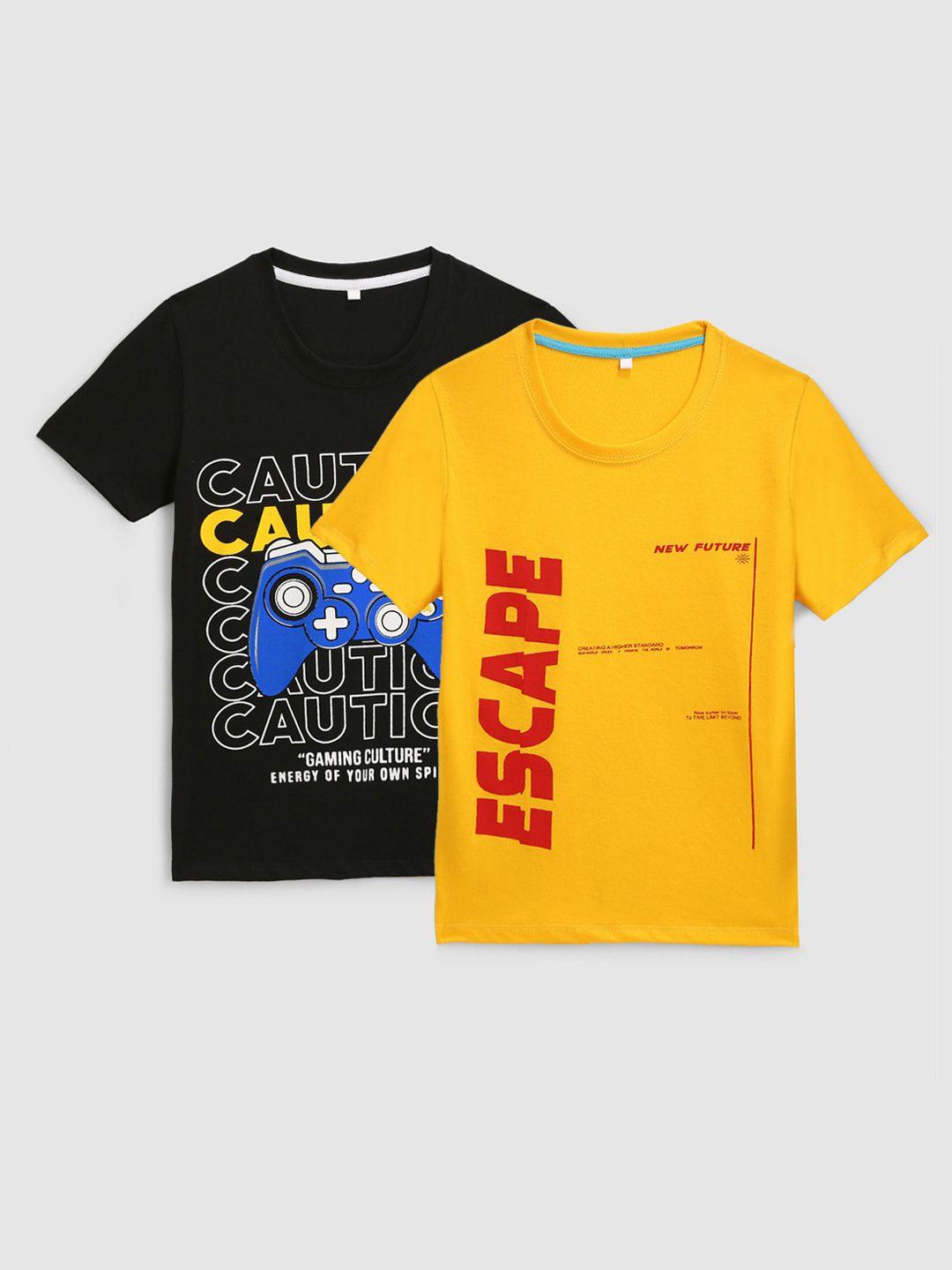 kidscraft boys yellow & black pack of  2 printed t-shirt