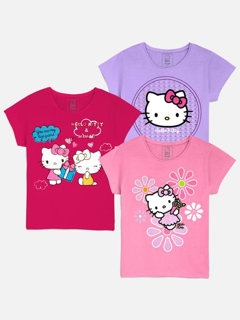 kidsville kids pink & purple printed t-shirt (pack of 3)