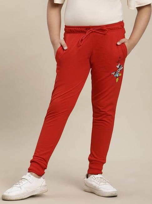 kidsville mickey & friends printed regular fit red joggers for girls