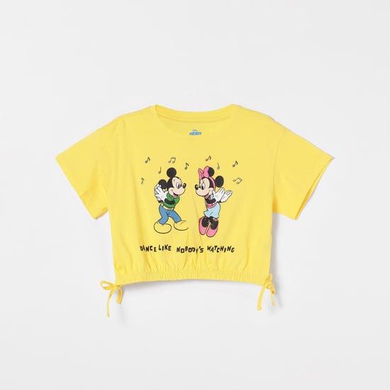 kidsville girls mickey & minnie mouse printed t-shirt with tie-up hem