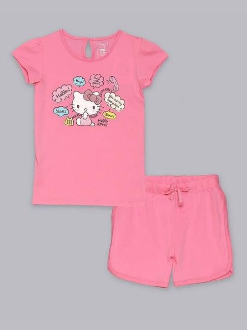 kidsville kids pink kitty print t-shirt with shorts