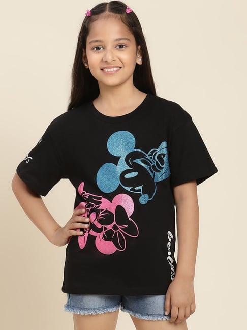 kidsville mickey & friends printed black relaxed fit t-shirt for girls