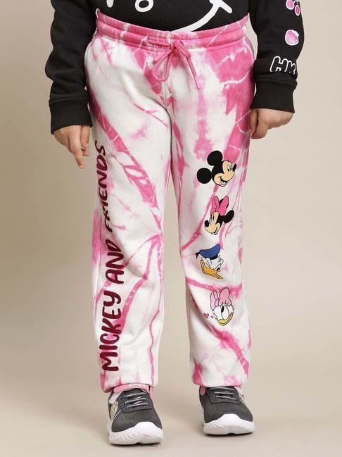 kidsville pink & white cotton printed mickey & friends trackpants