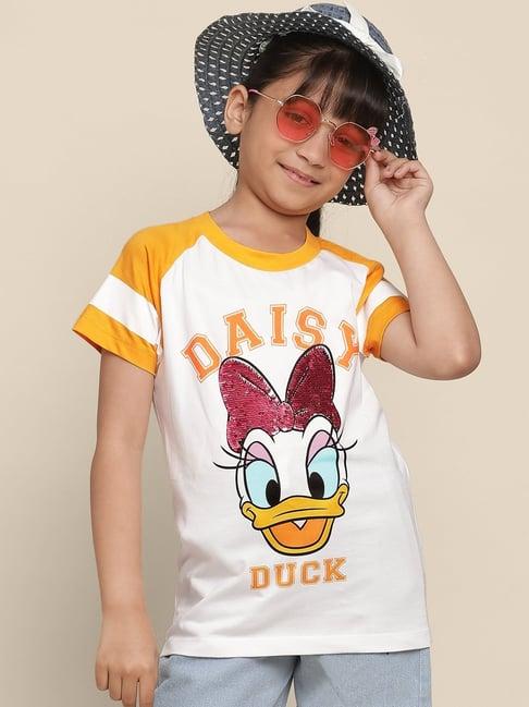 kidsville white & yellow cotton printed daisy duck t-shirt
