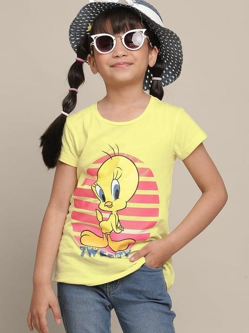 kidsville yellow & pink cotton printed looney tunes t-shirt