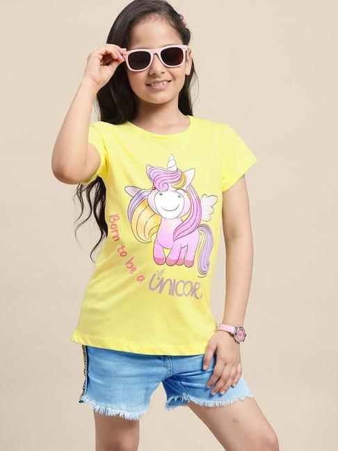 kidsville yellow & pink cotton printed t-shirt
