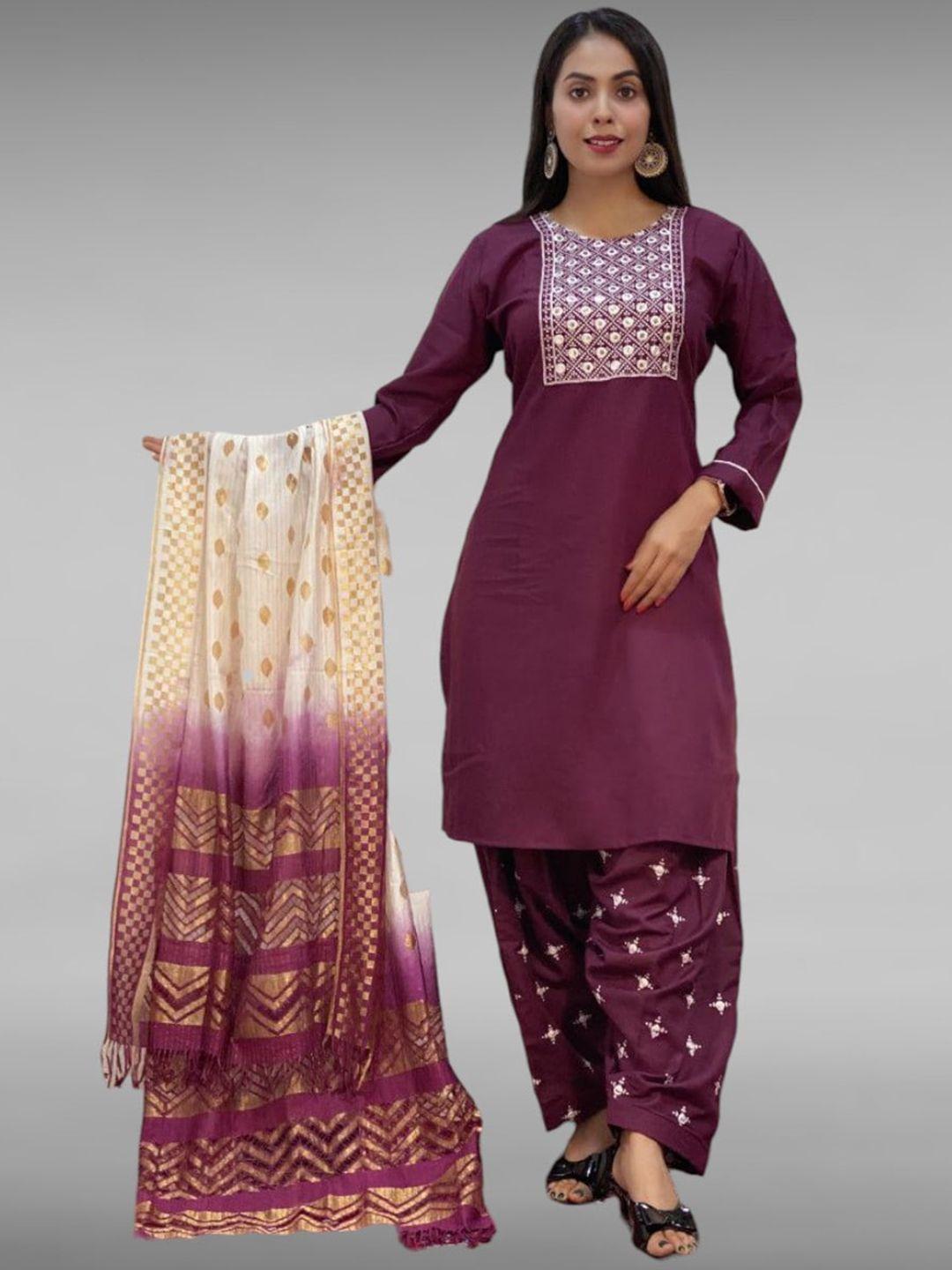 kietties floral yoke design round neck mirror work straight kurta with salwar & dupatta