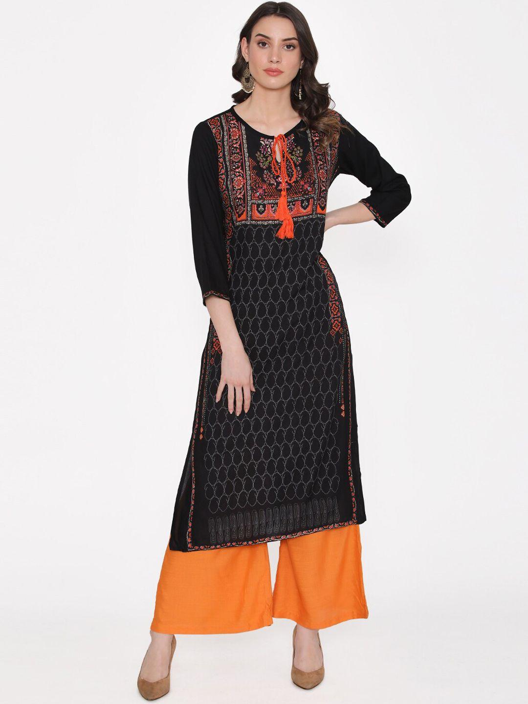 kifahari women black & orange printed kurta with palazzos