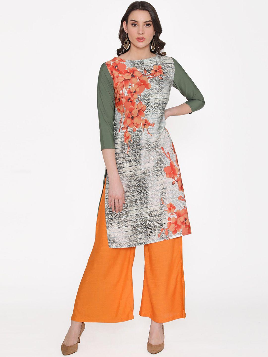 kifahari women green & orange printed kurta with palazzos