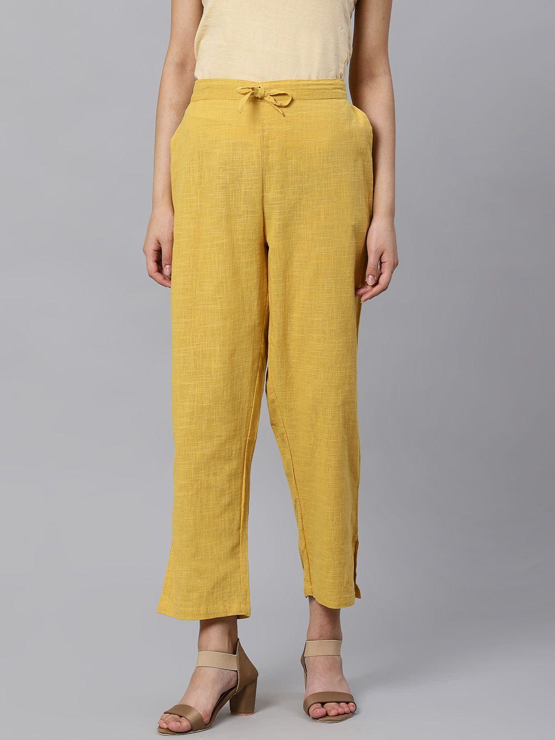 kifahari women mustard yellow straight fit solid cropped regular trousers