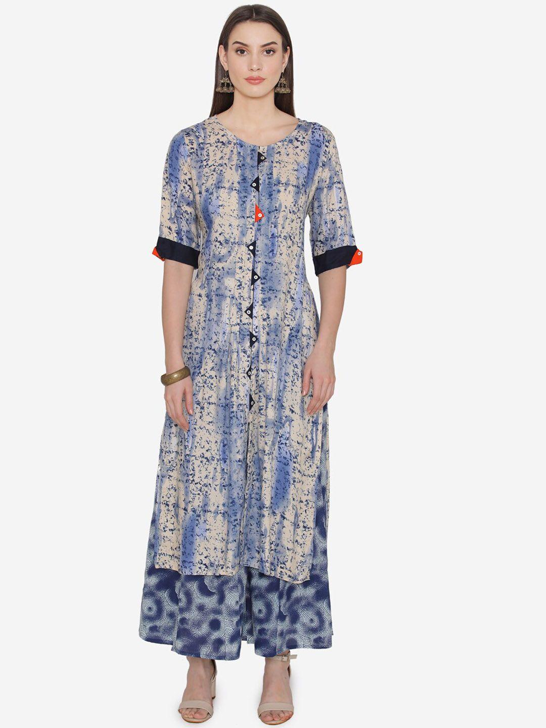 kifahari women navy blue & beige printed kurta with palazzos