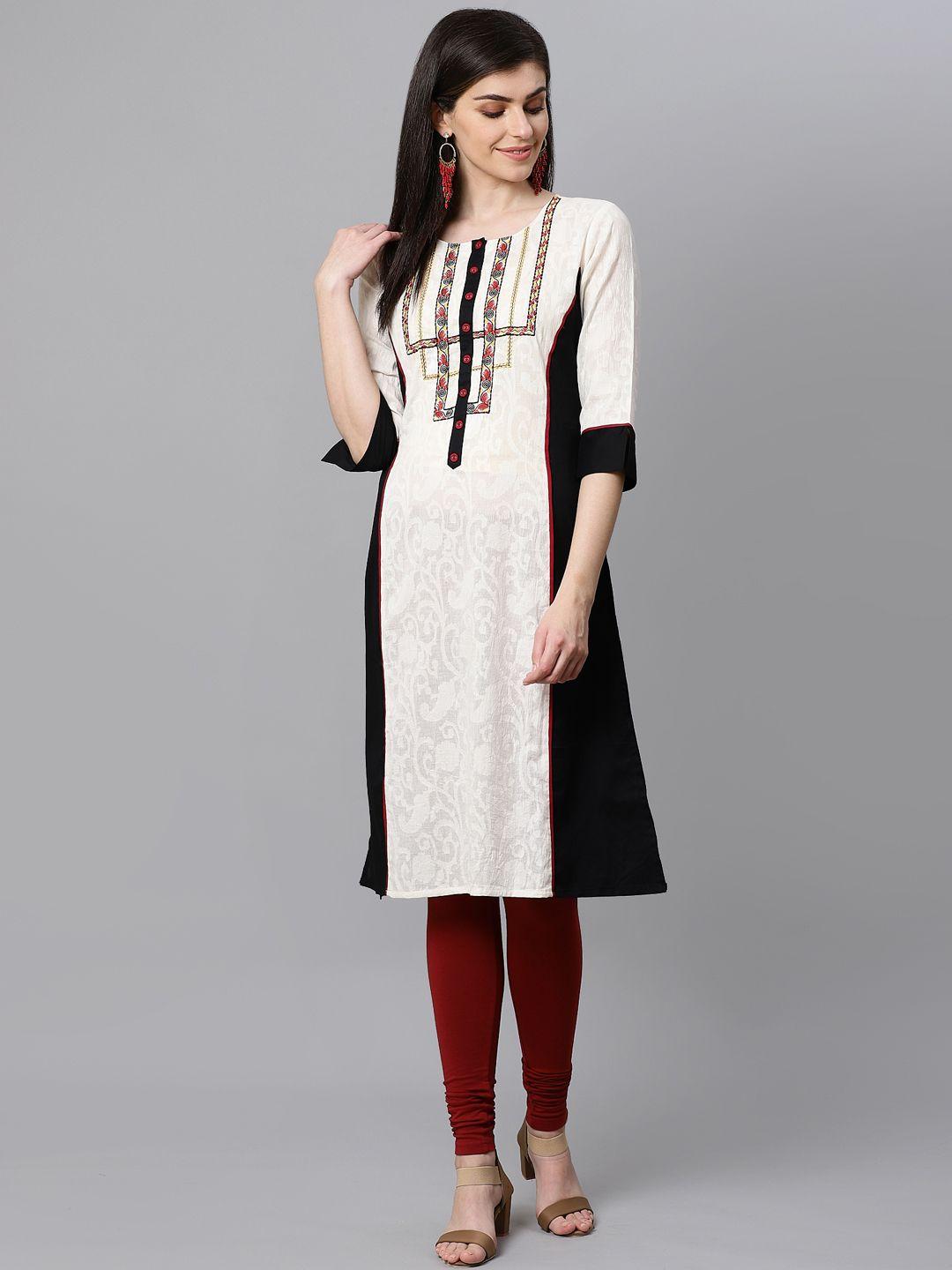 kifahari women off-white & black printed embroidered yoke design straight kurta