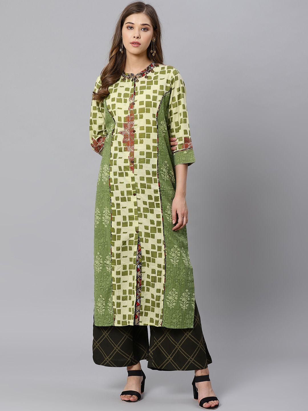kifahari women olive green & cream-coloured slim fit printed straight kurta