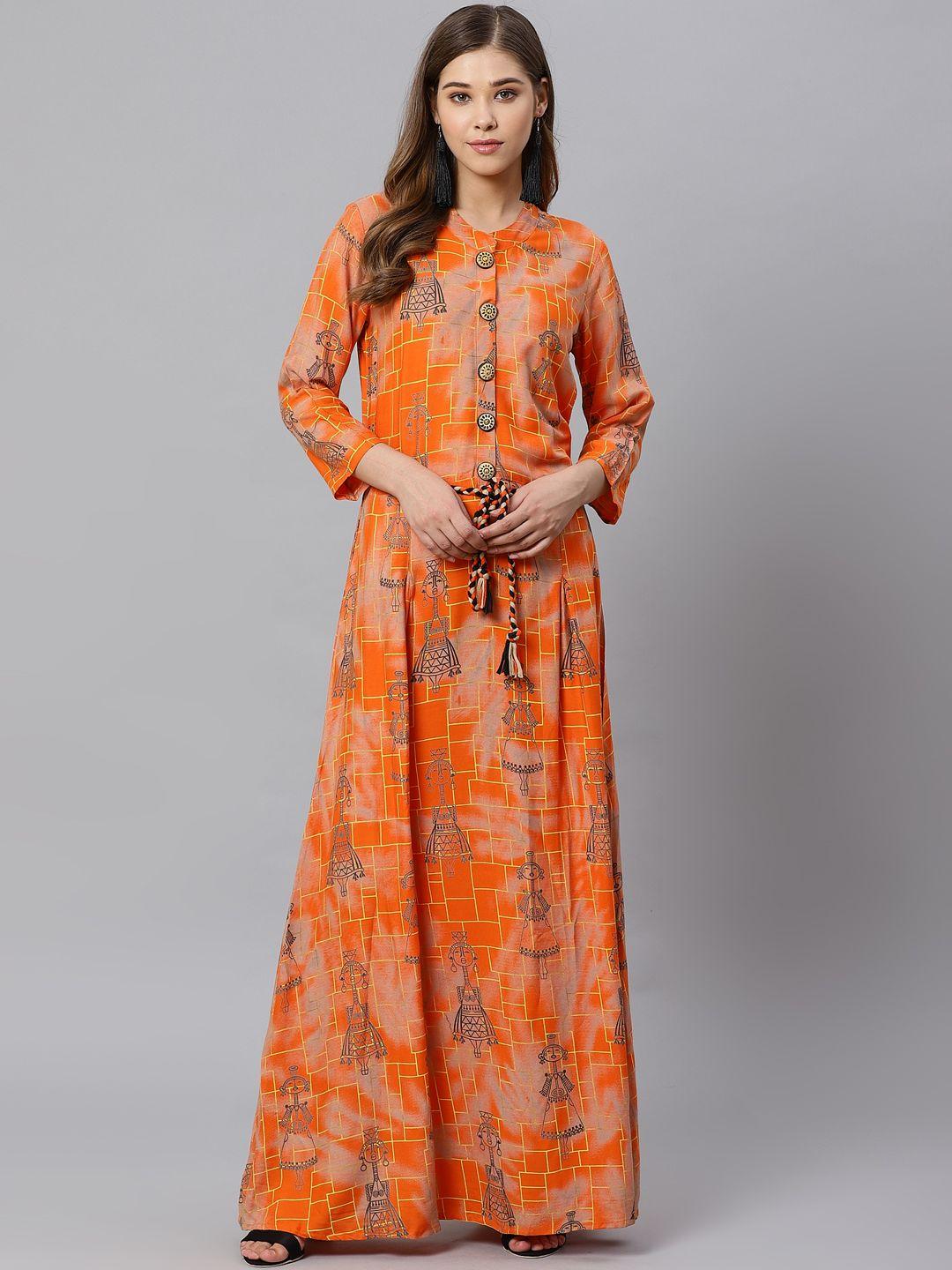 kifahari women orange & charcoal grey printed a-line kurta with belt
