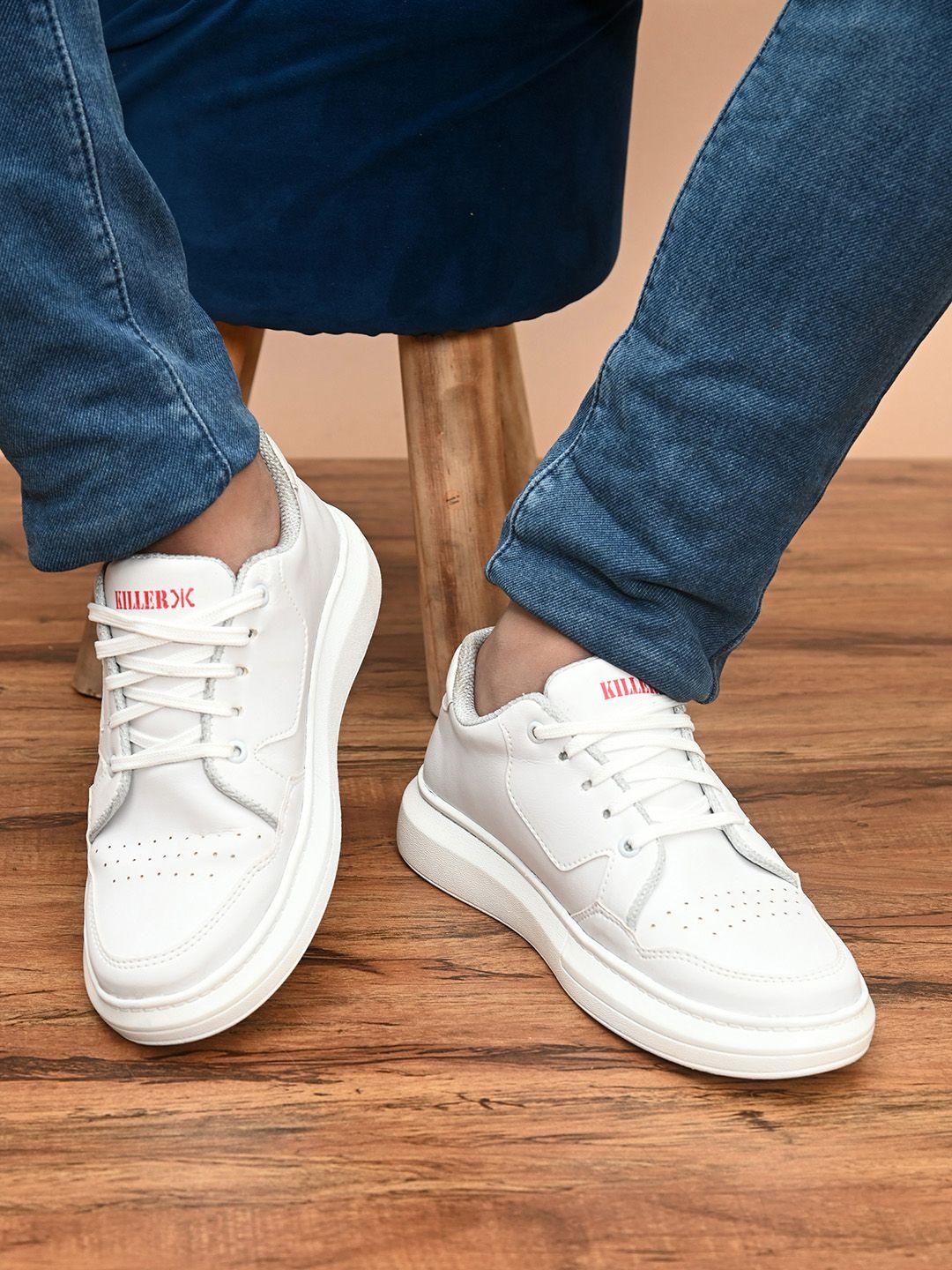 killer men white solid faux leather casual lace up sneakers