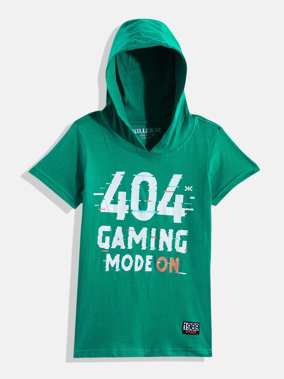 killer boys green typography printed pure cotton hooded t-shirt