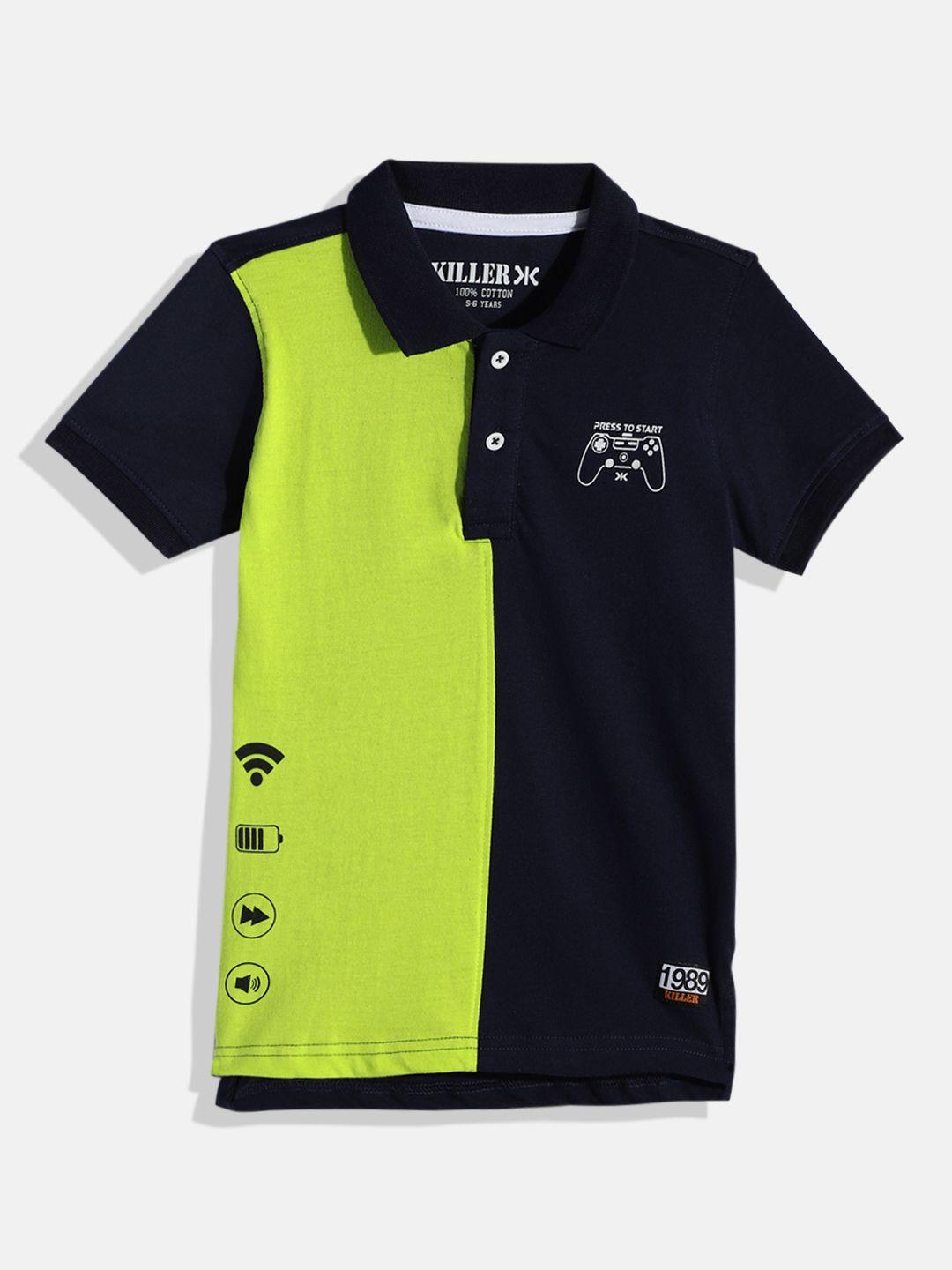 killer boys lime green & navy blue colourblocked pure cotton t-shirt