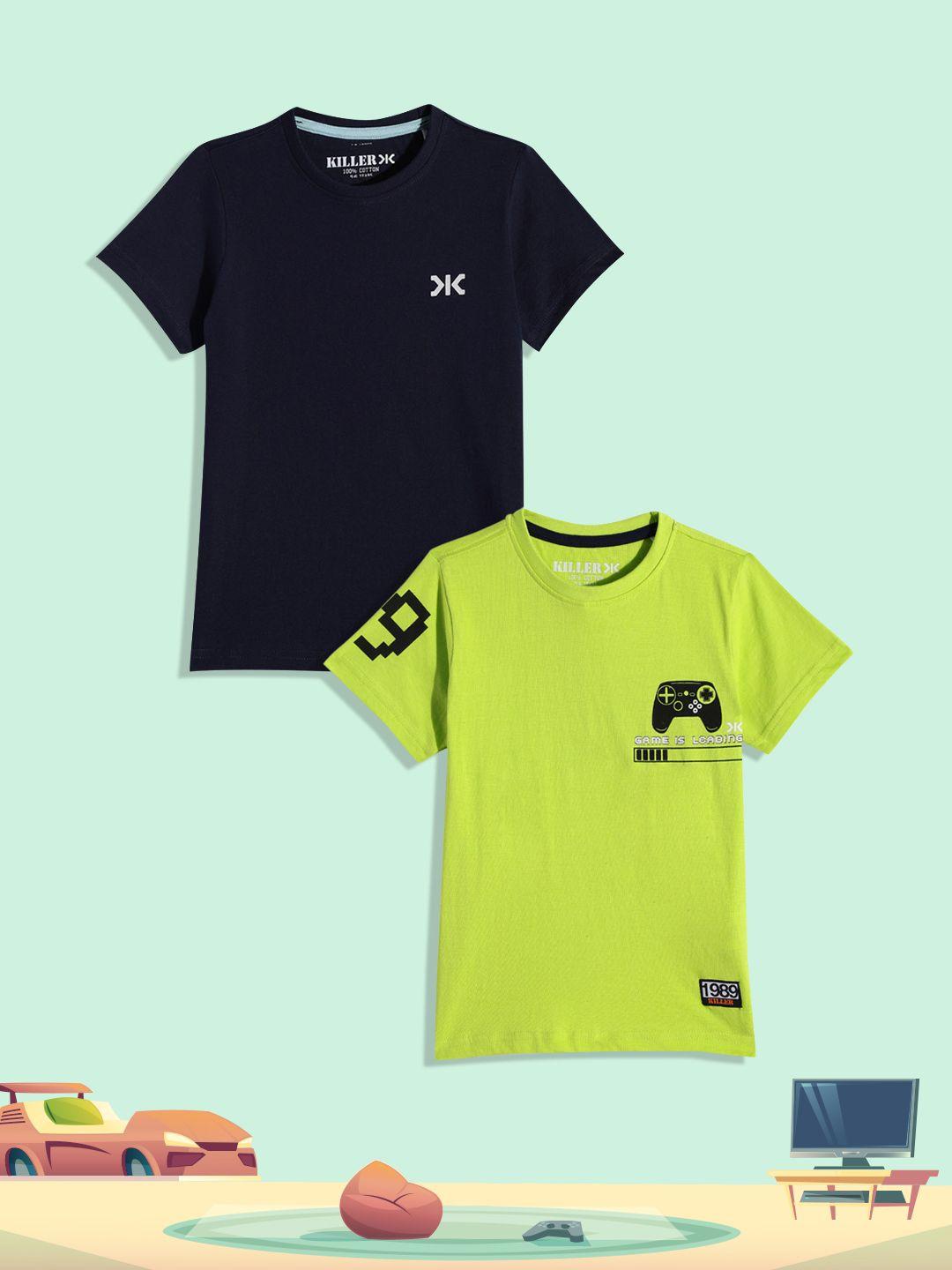 killer boys lime green & navy blue set of 2 graphic placement print pure cotton t-shirts