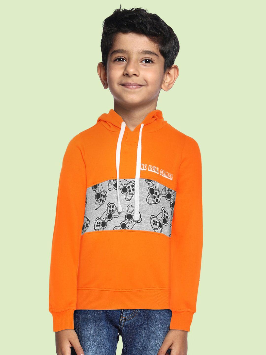 killer boys orange printed pure cotton hooded sweatshirt