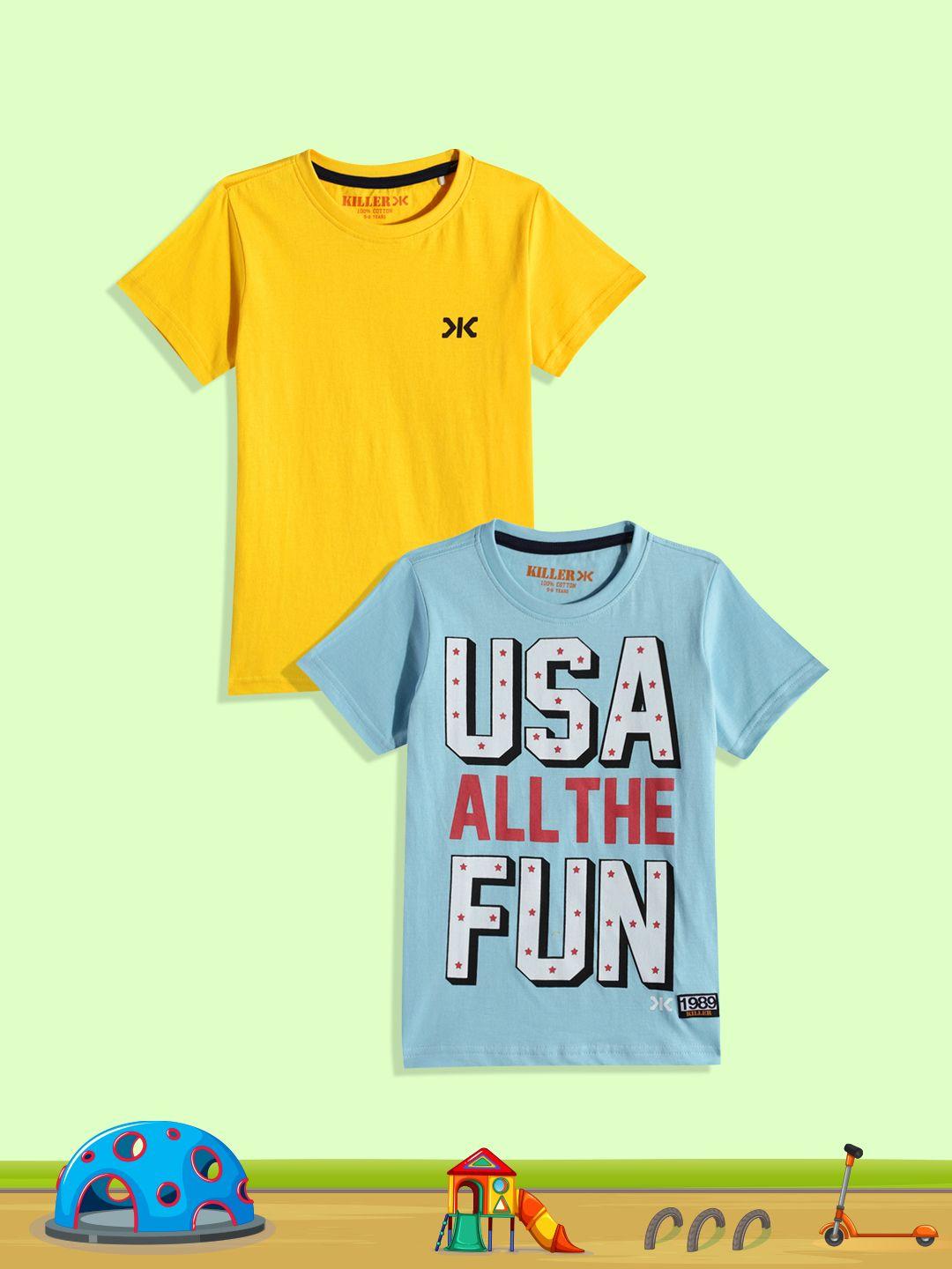 killer boys set of 2 typography printed pure cotton t-shirts in blue & yellow