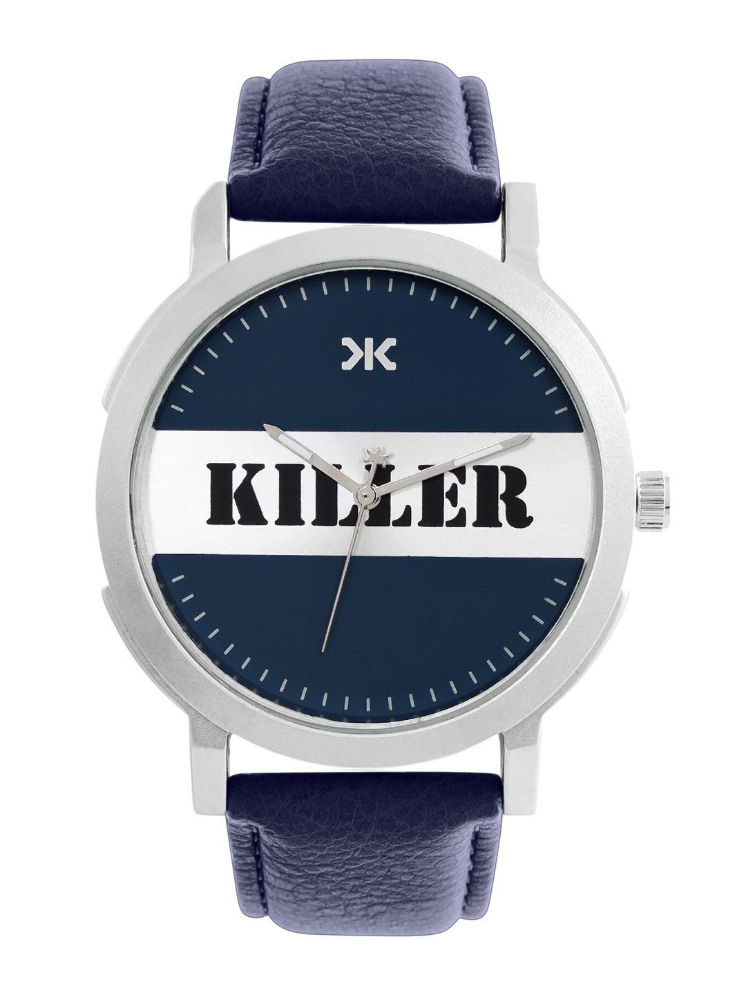 killer men navy & silver-toned brand logo print analogue watch kl-25c