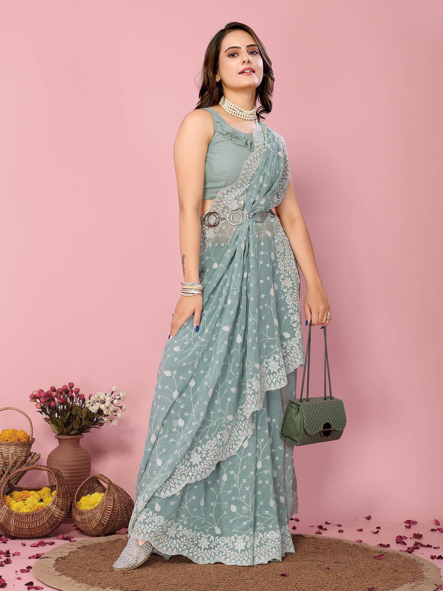 kilory blue georgette embroidered work saree with unstitched blouse