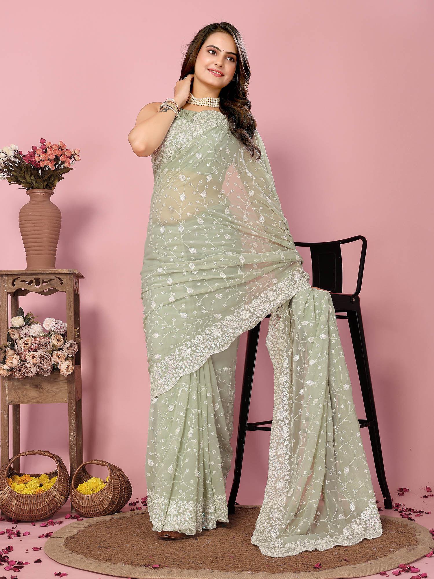 kilory olive georgette embroidered work saree with unstitched blouse