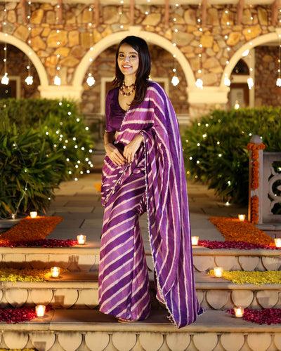 kimaya purple leheriya silk pre draped saree