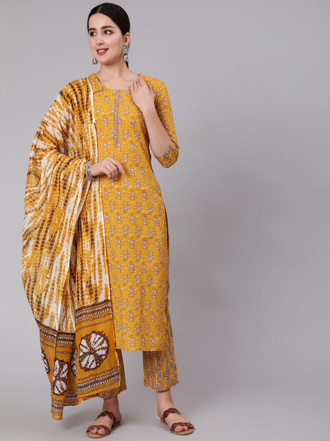 kimayra ethnic motifs printed pure cotton straight kurta & trousers with dupatta