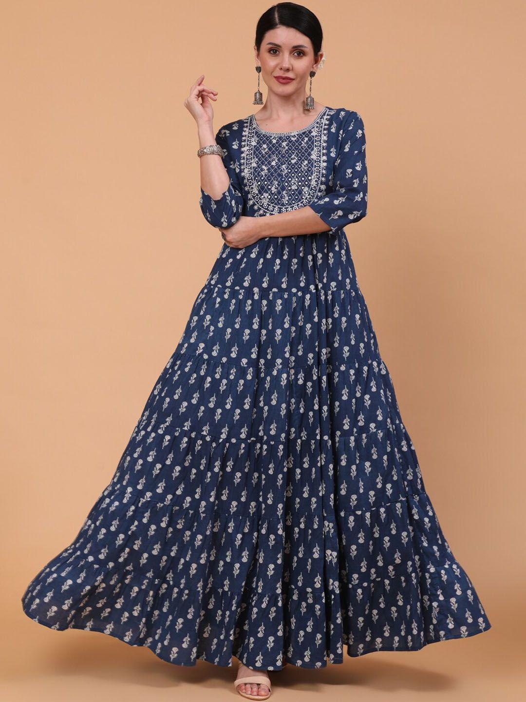 kimayra floral printed mirror work cotton fit & flare ethnic dress