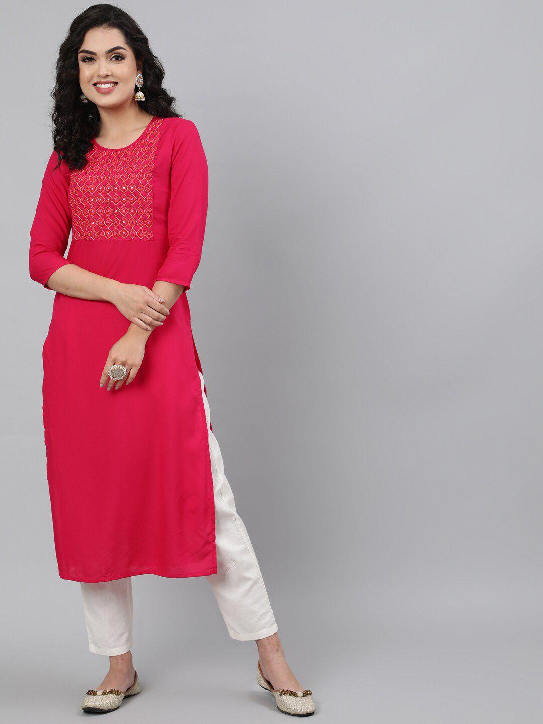 kimayra-women-fuchsia-floral-embroidered-kurta