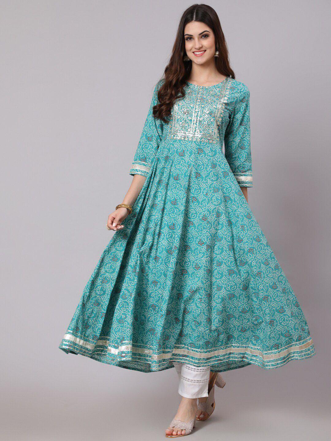 kimayra cotton printed anarkali round neck kurta