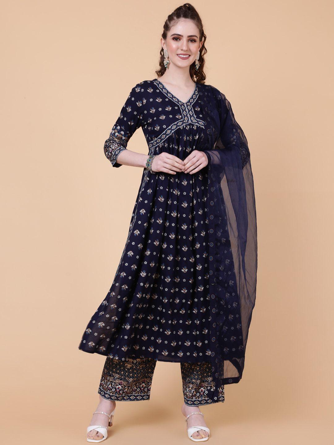 kimayra ethnic motifs printed a-line kurta with palazzos & with dupatta