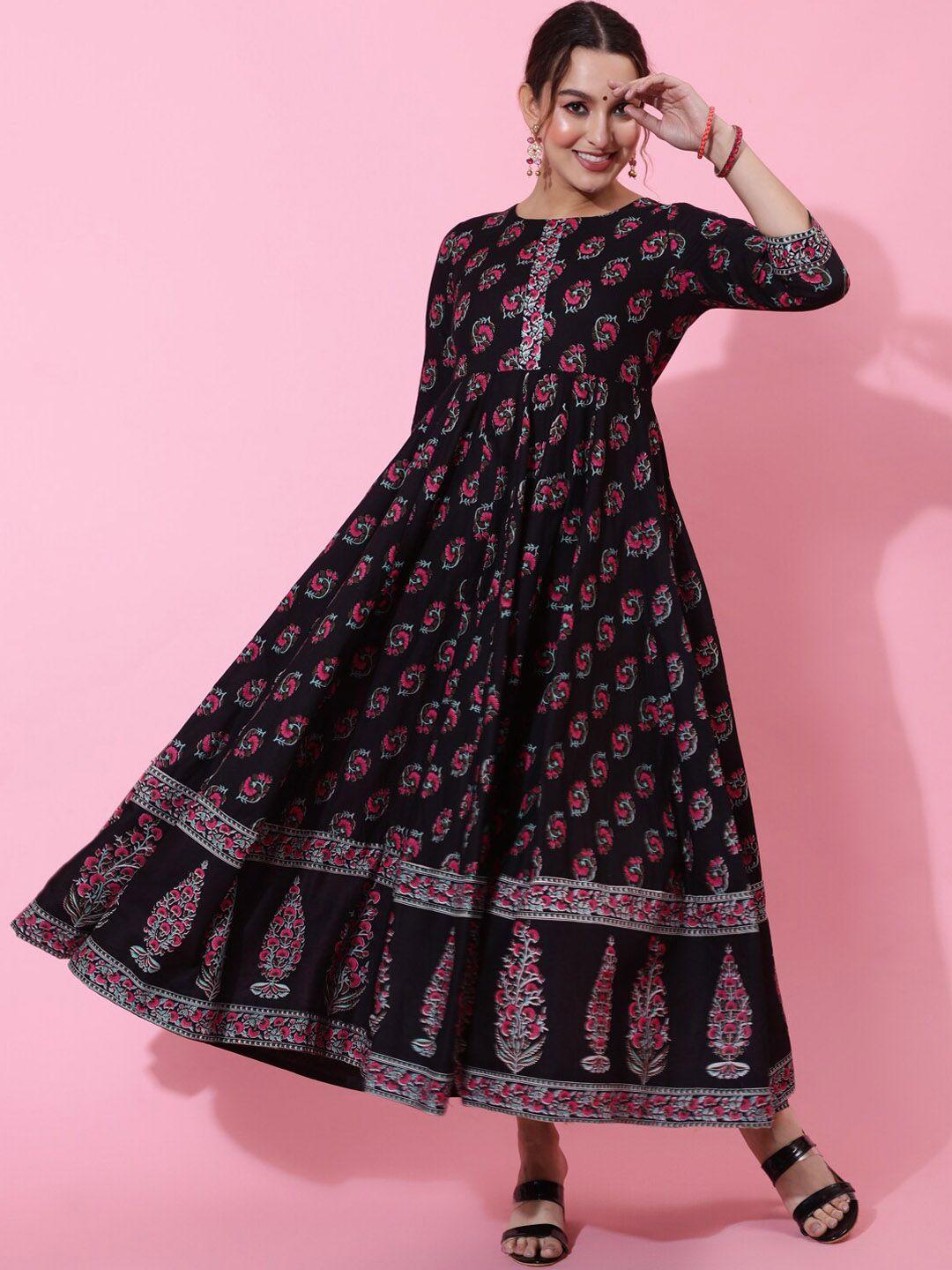 kimayra ethnic motifs printed cotton fit and flare maxi ethnic dress