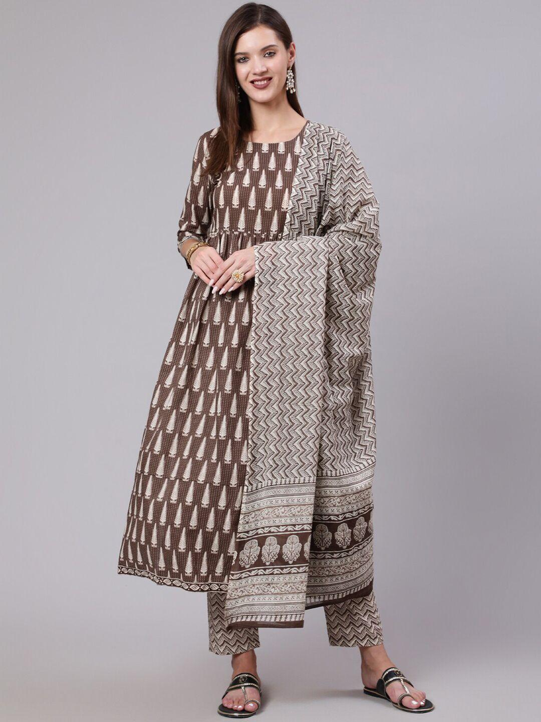kimayra ethnic motifs printed empire pure cotton kurta with trousers & dupatta