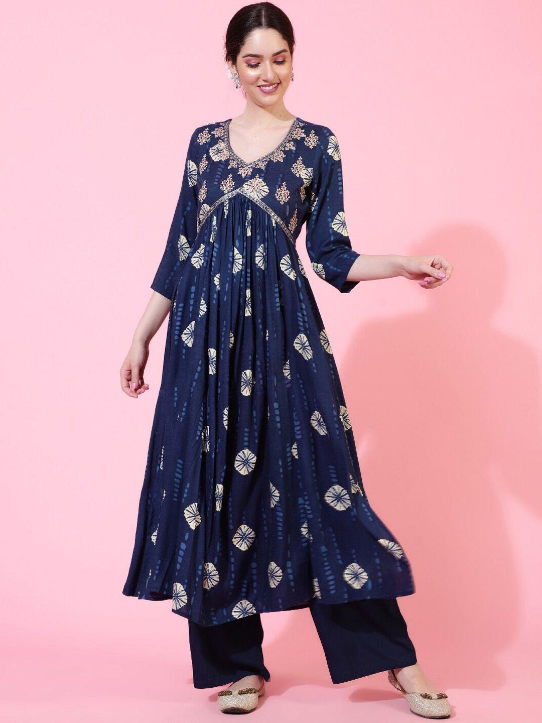 kimayra ethnic motifs printed empire thread work kurta with palazzos & dupatta