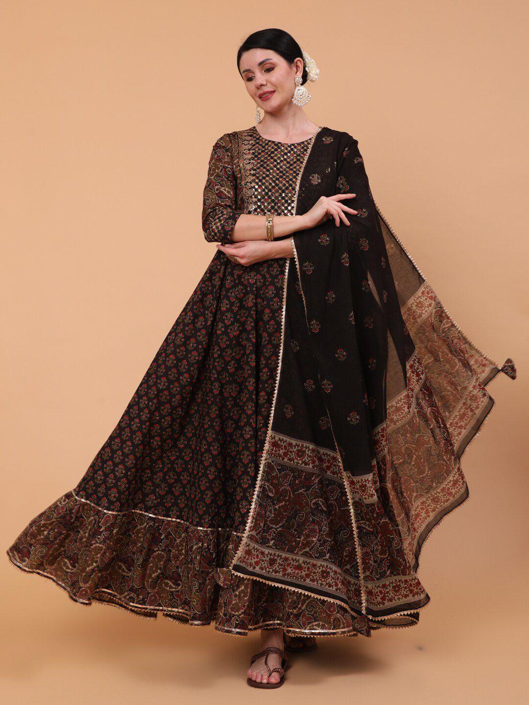 kimayra ethnic motifs printed gotta patti fit & flare cotton ethnic dress with dupatta