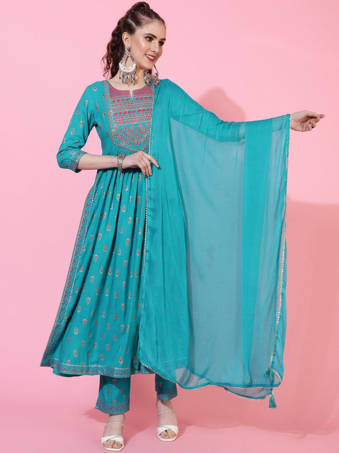 kimayra ethnic motifs printed thread work pleated straight kurta with palazzos & dupatta