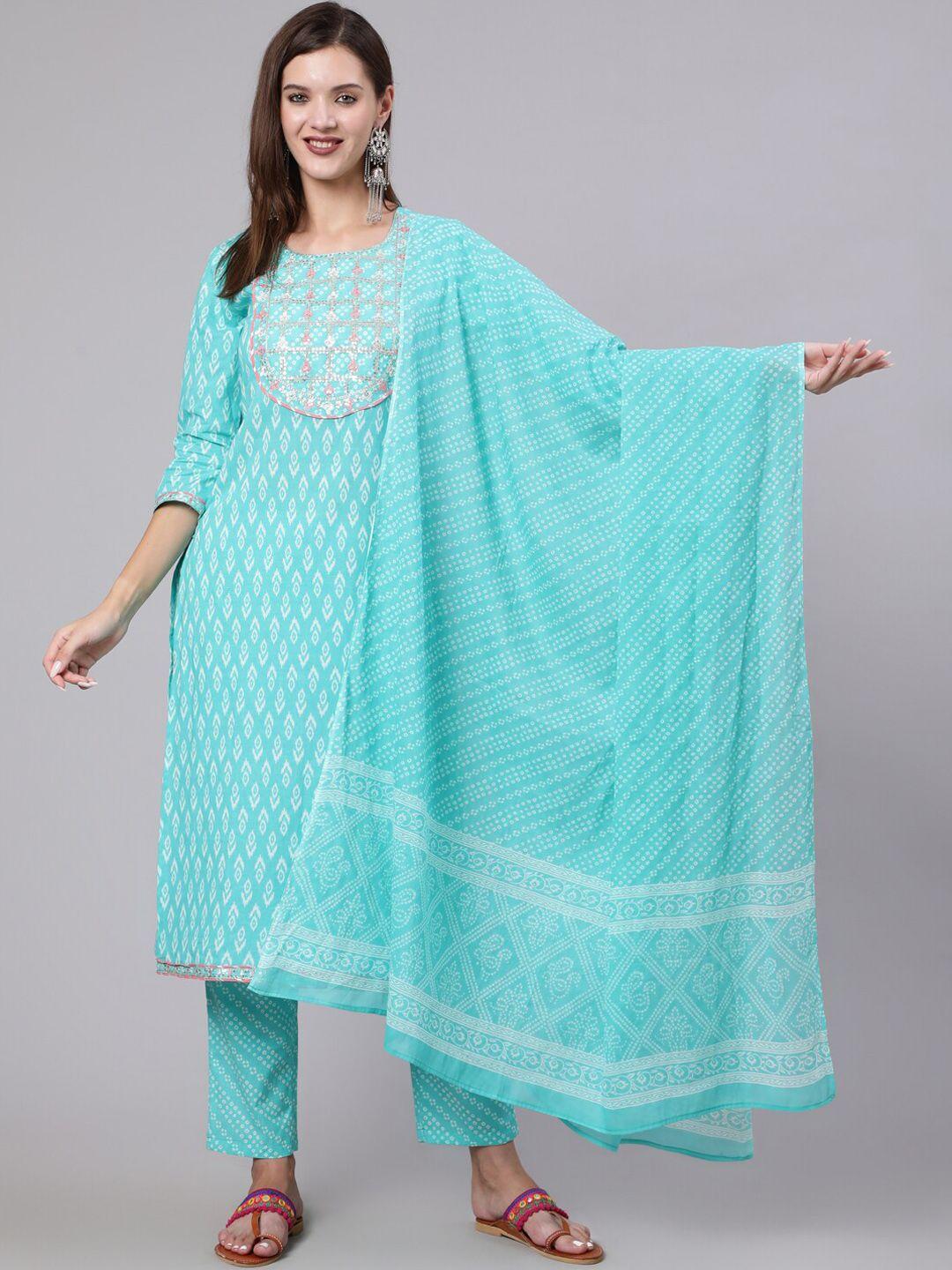 kimayra ethnic motifs printed thread work pure cotton kurta with trousers & dupatta