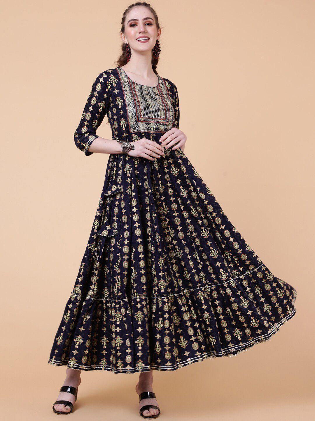 kimayra ethnic motifs printed with sequinned zari & tiered details a-line ethnic dress