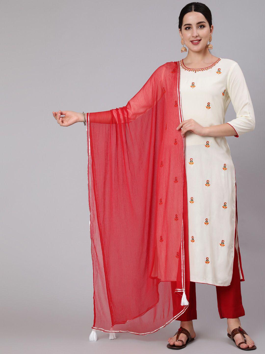 kimayra floral embroidered straight kurta & trousers with dupatta